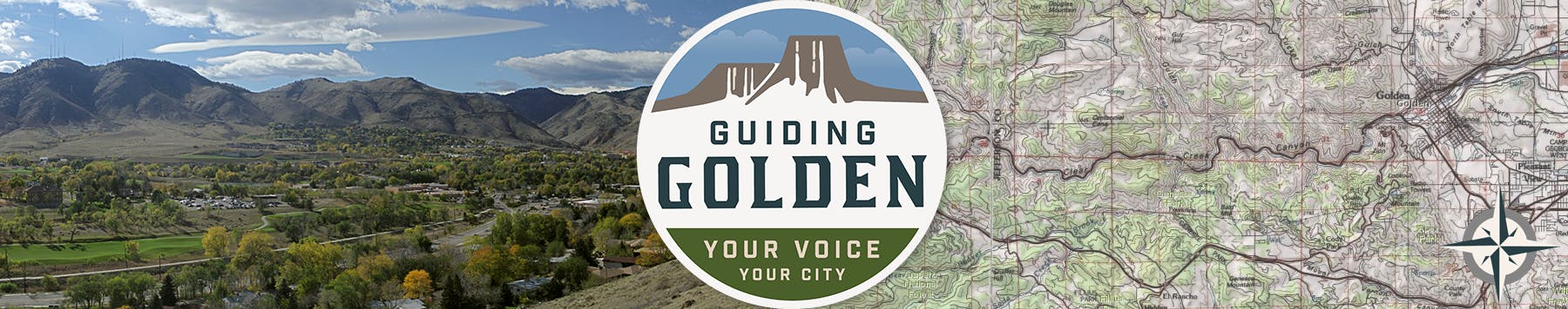 Guiding Golden logo with panoramic of Golden and topographical map.