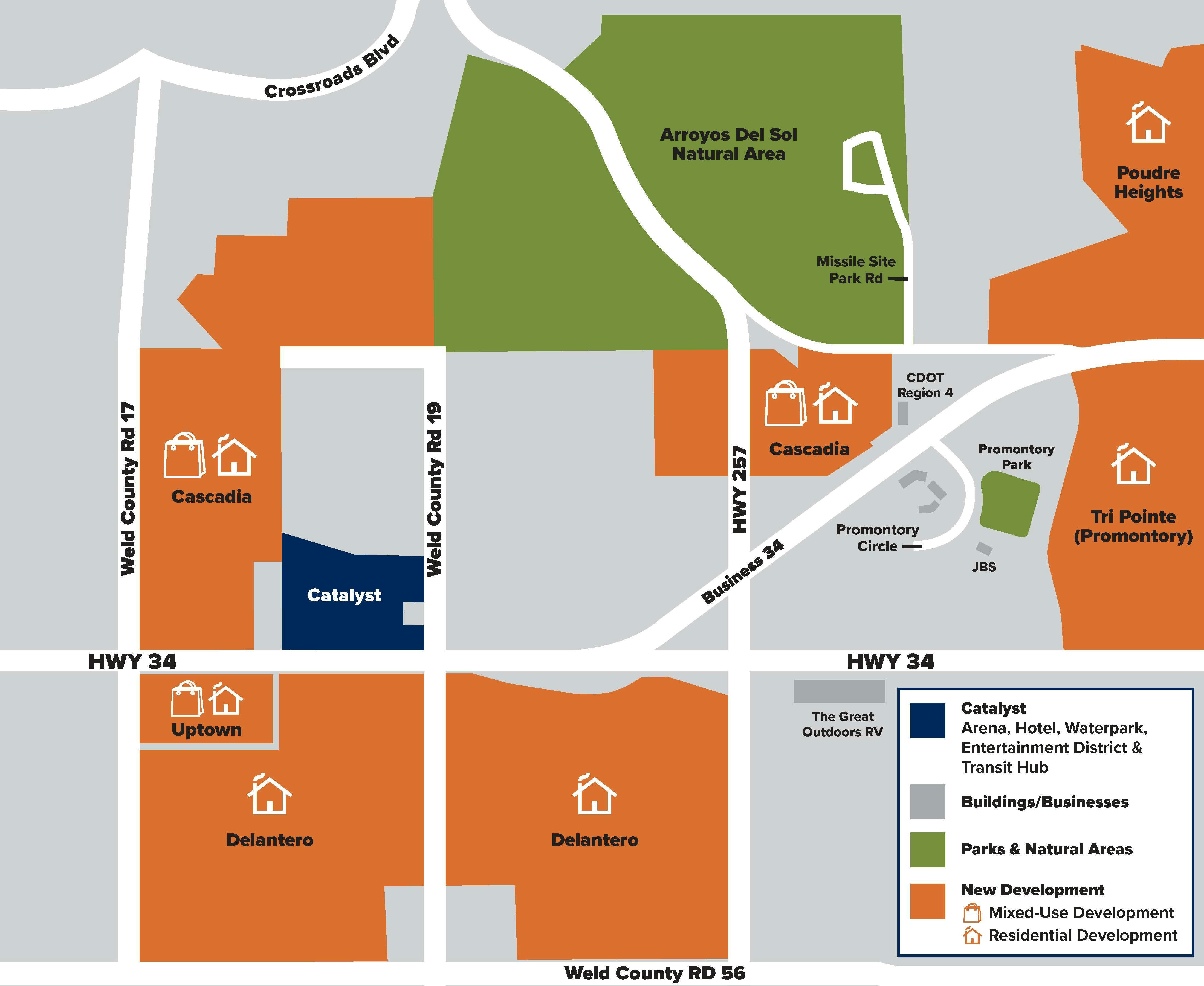 Map of development along U.S. Highway 34 in west Greeley, highlighting the proposed West Greeley Catalyst project, new residential and mixed-use developments, parks, natural areas and nearby roads.