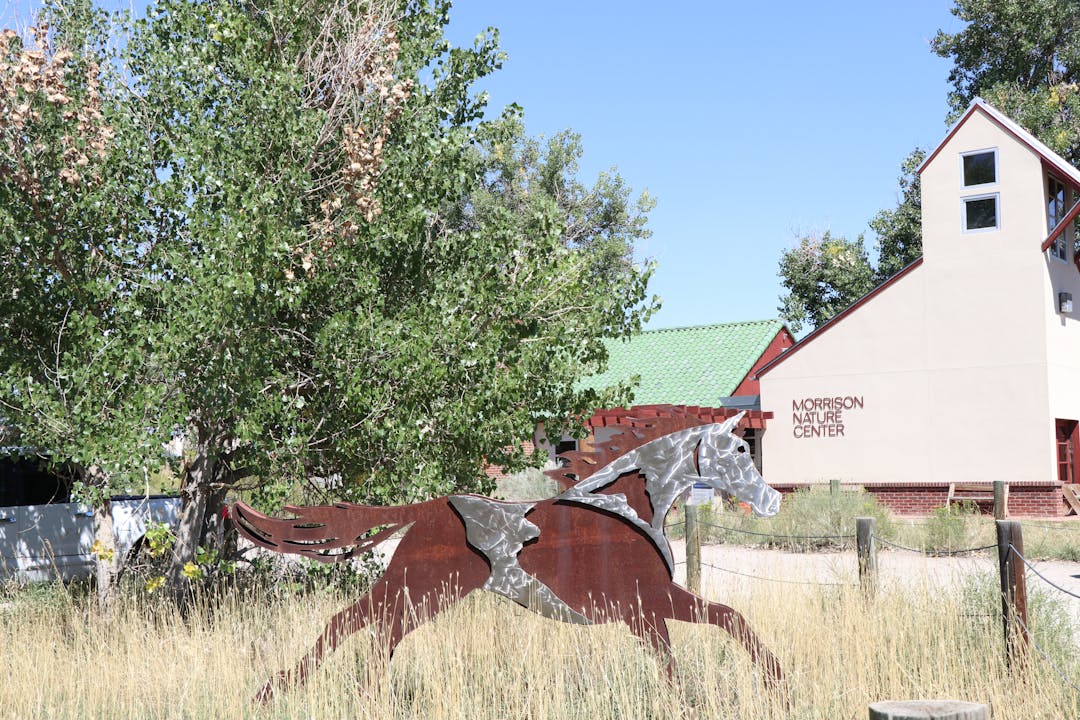 Foto de la obra de arte de un caballo de metal frente a Morrison Nature Center en Star K Ranch.