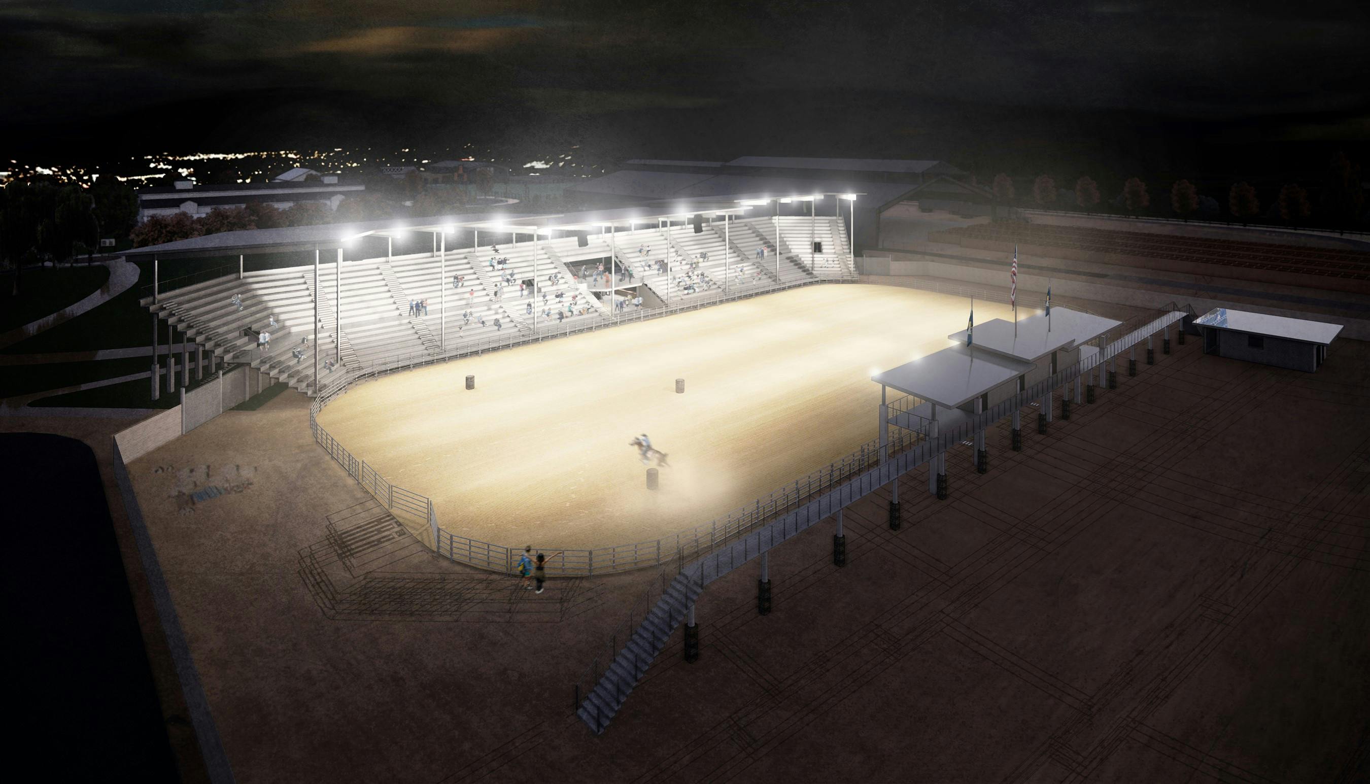 A rendering of the rodeo arena lit up at night.