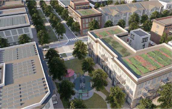 A "long green" and new main street will provide public open space and connections to the riverfront and trail network.