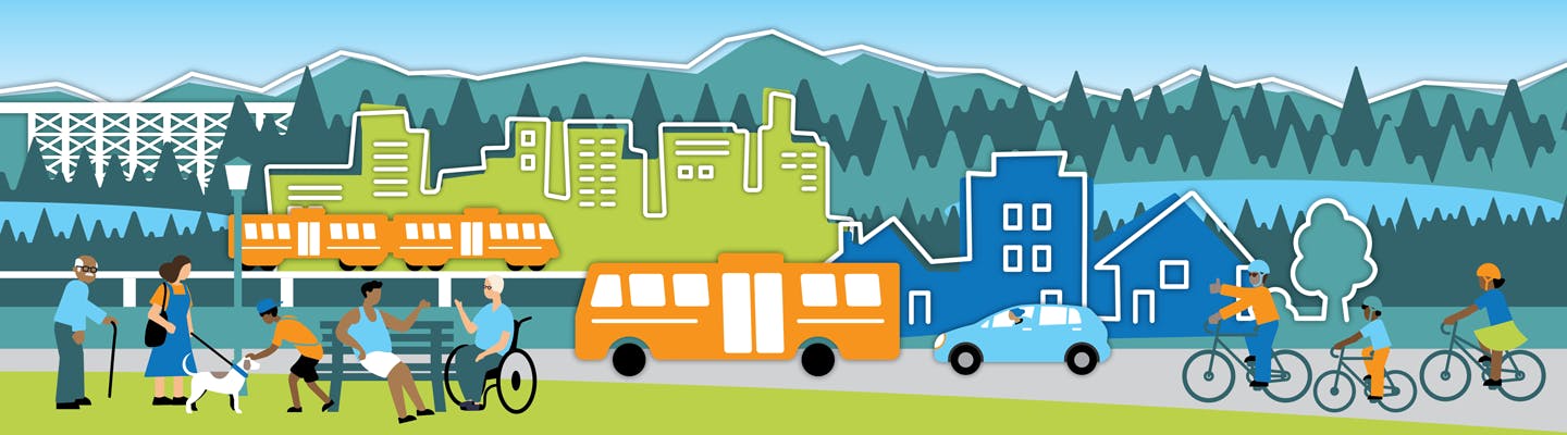 Illustration representing Bellevue with people in the foreground, bus, light rail, buildings, trees and mountains in the back