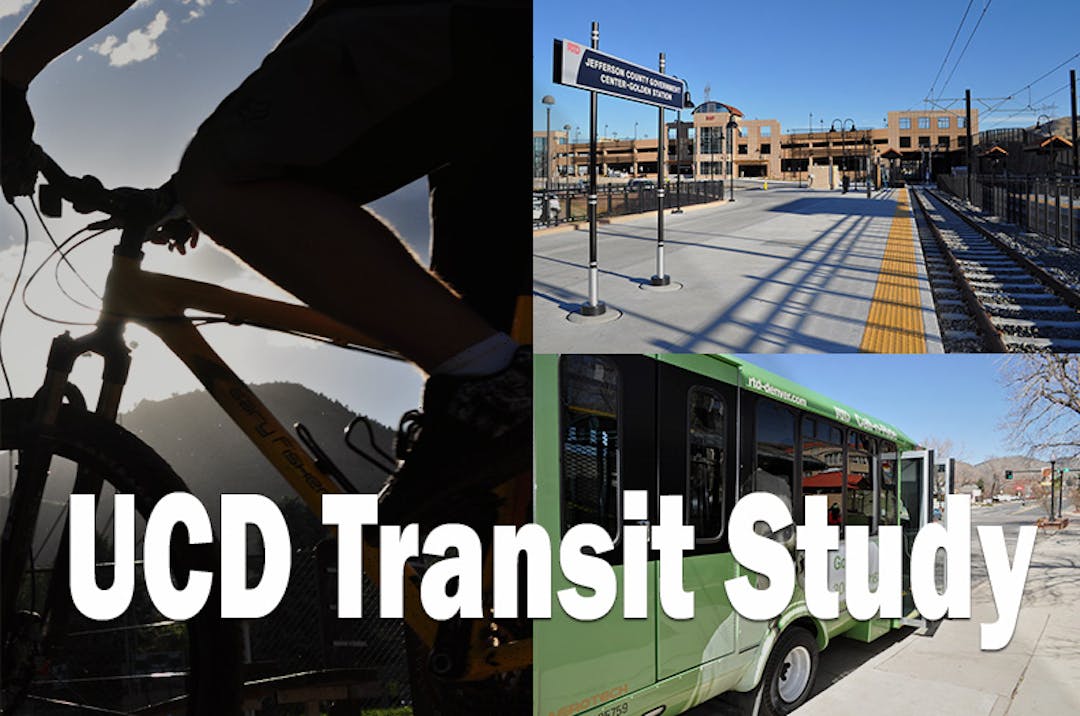Montage of different transit options in Golden, including bikes, light rail and buses.