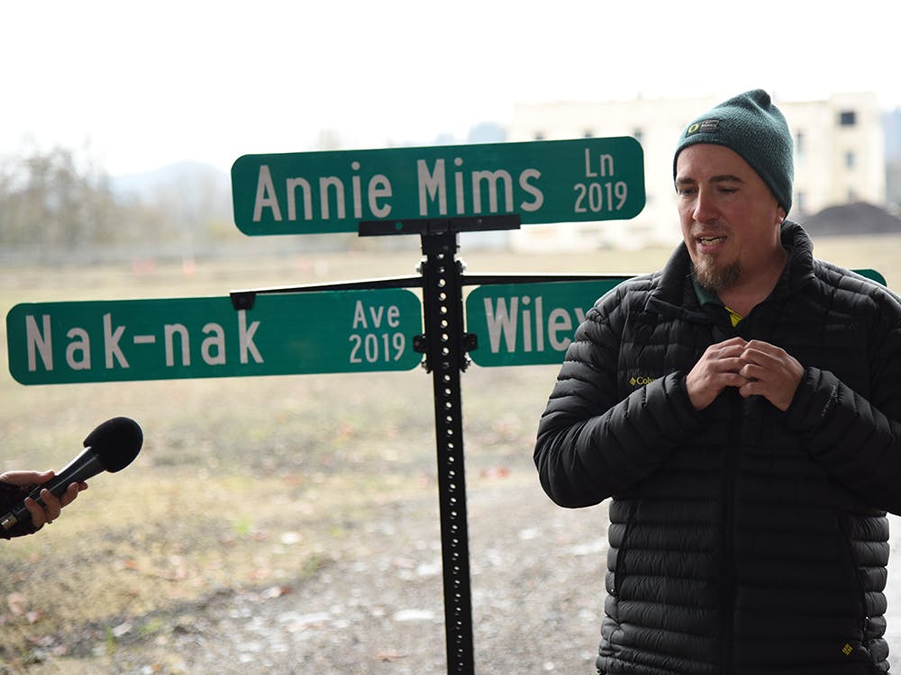 Chris Mercier, vice chair of the Grand Ronde Tribal Council, attended the unveiling of the street names, including Nak-nak Avenue. Nak-nak is the Kalapuya word for "duck."