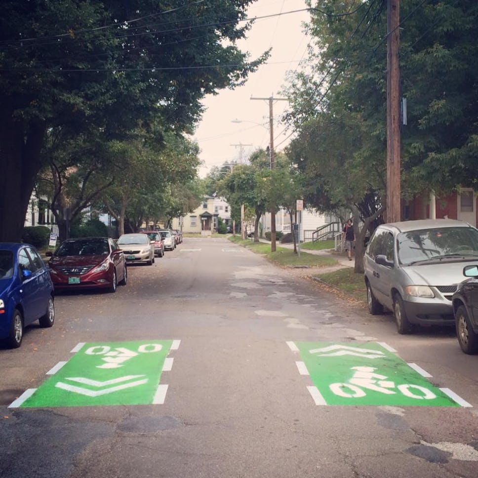 Sharrows with Green Paint on Neighborhood Greenway