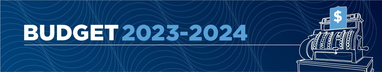 Budget 2023-2024 over a dark blue background, with a line sketch of an old-fashioned cash register on the right