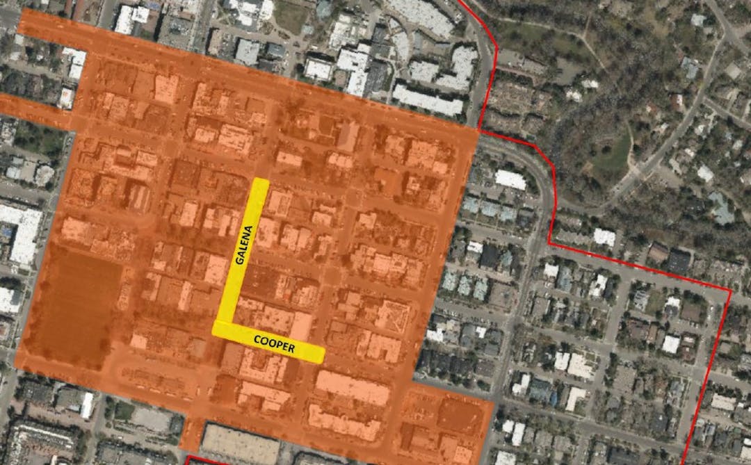 Google map image of downtown core with Cooper and Galena highlighted