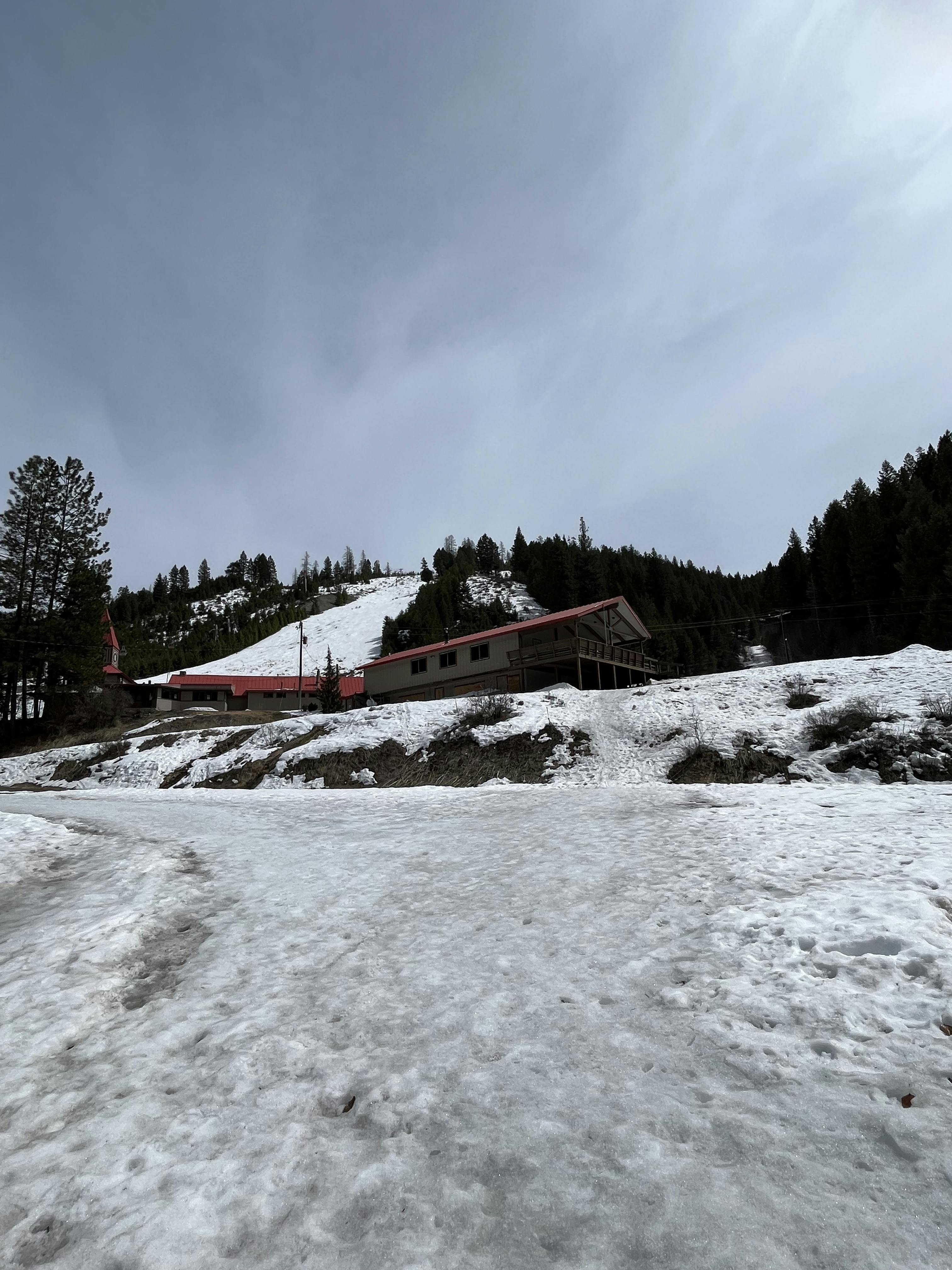 The two lodge buildings at Marshall Mountain, April 2023