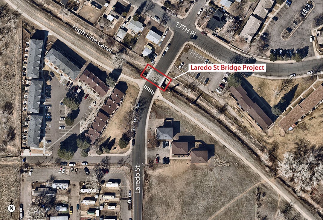 Aerial view of neighborhood with Laredo Bridge outlined