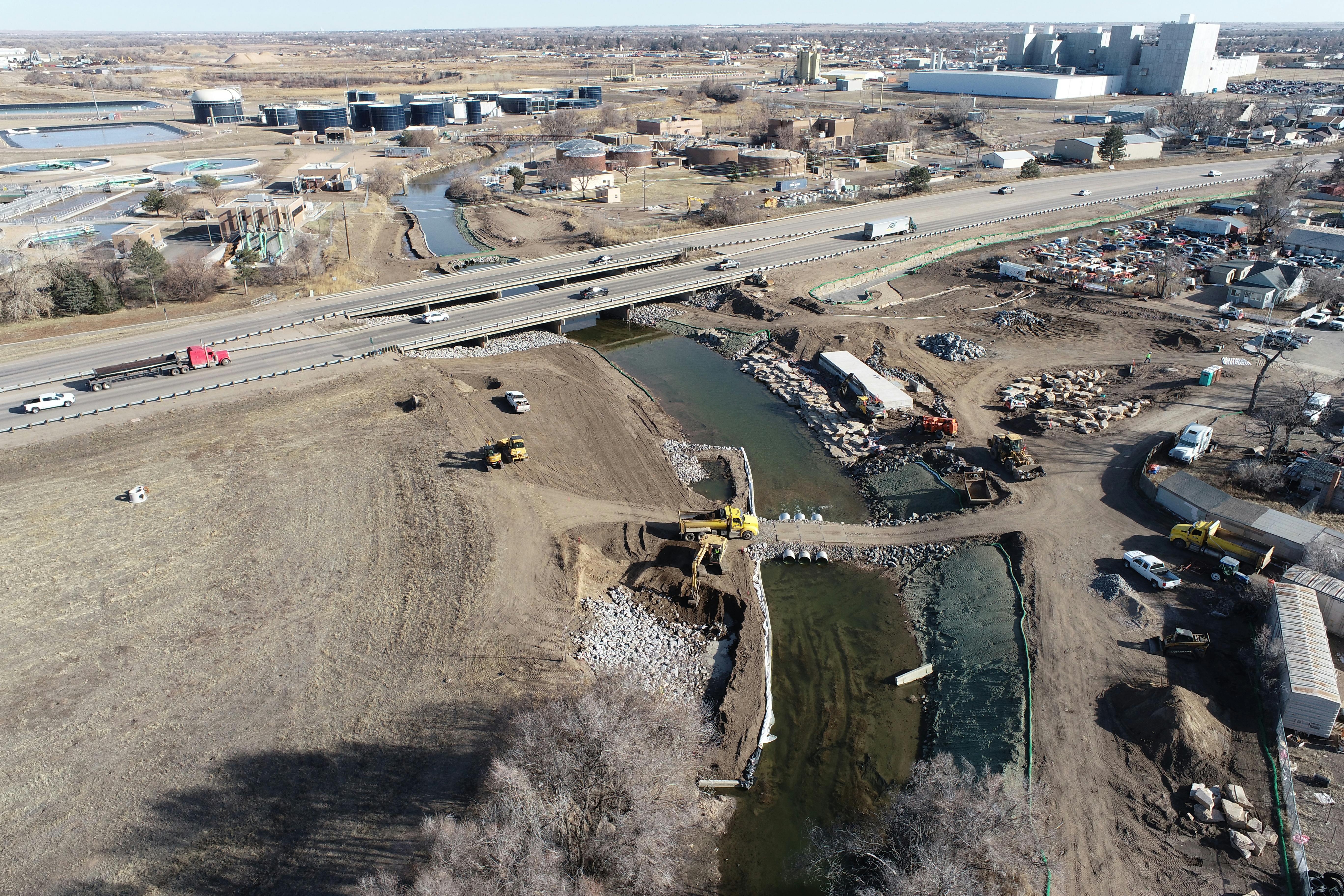 Aerial look at the outfall construction underway near 10th Street and 2nd Avenue