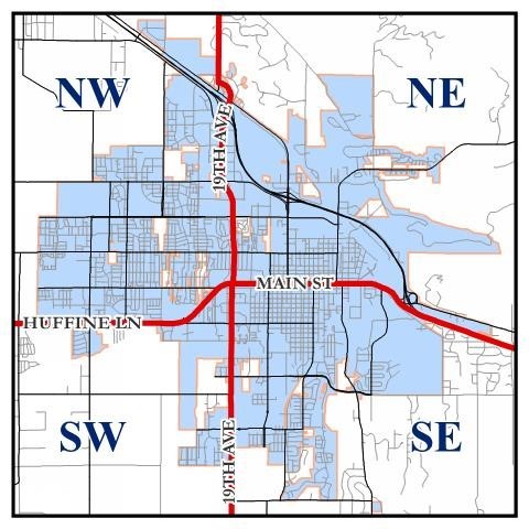 This image divides Bozeman into four quadrants using Main St/Huffine and 19th Avenue. 