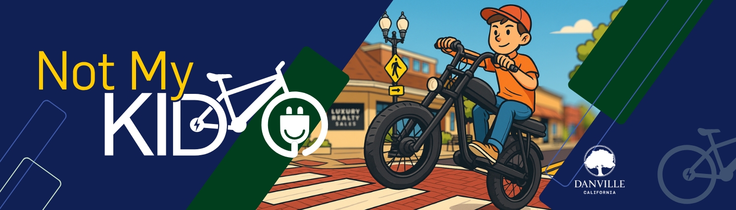 not my kid banner with cartoon of e-bike rider
