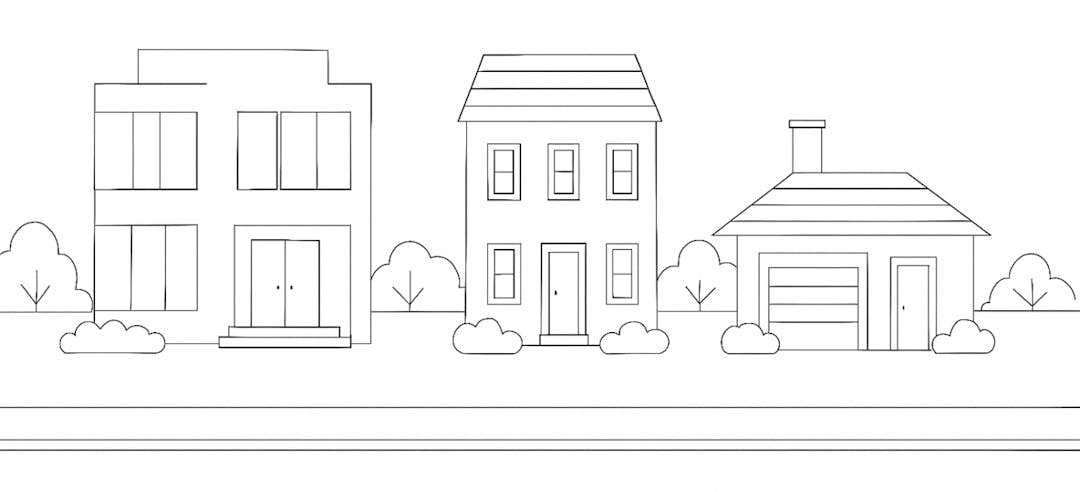 Line drawing show three homes of different sizes