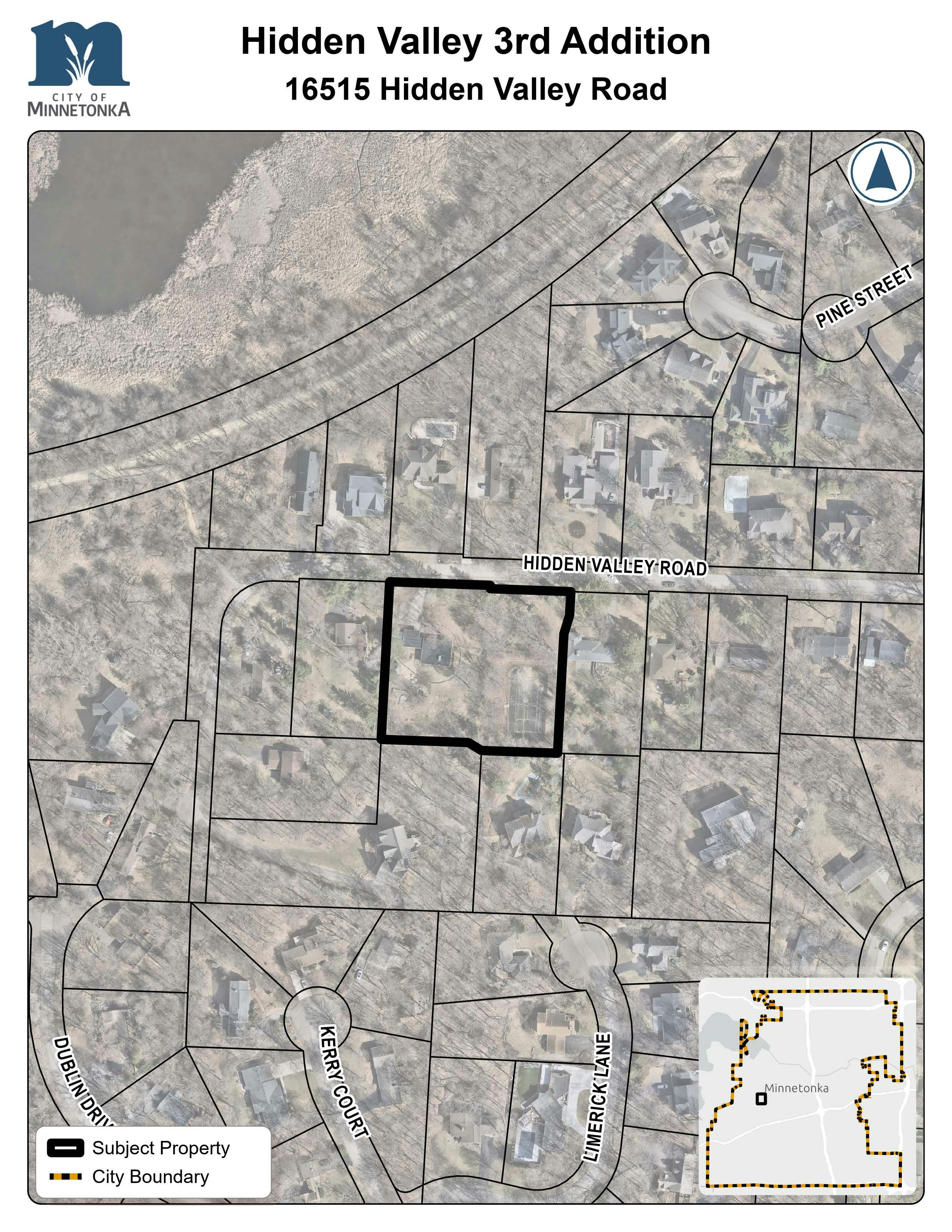 Map showing the subject property outlined in black at 16515 Hidden Valley Road in Minnetonka, situated along Hidden Valley Road near Pine Street