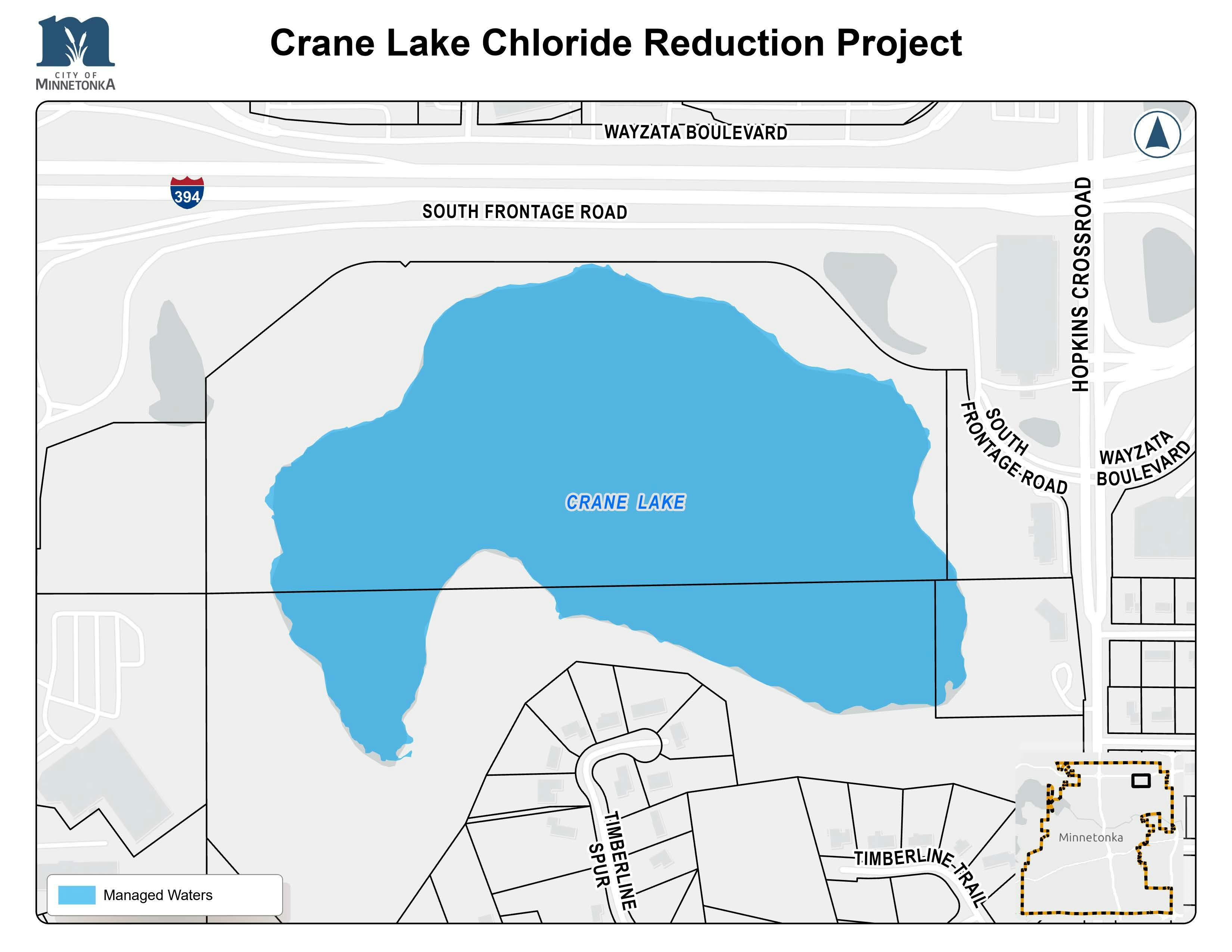 A map showing Crane Lake highlighted in blue, located south of I‑394 and Wayzata Boulevard, with surrounding roads including South Frontage Road and Hopkins Crossroad. An inset map shows the lake’s location in Minnetonka.