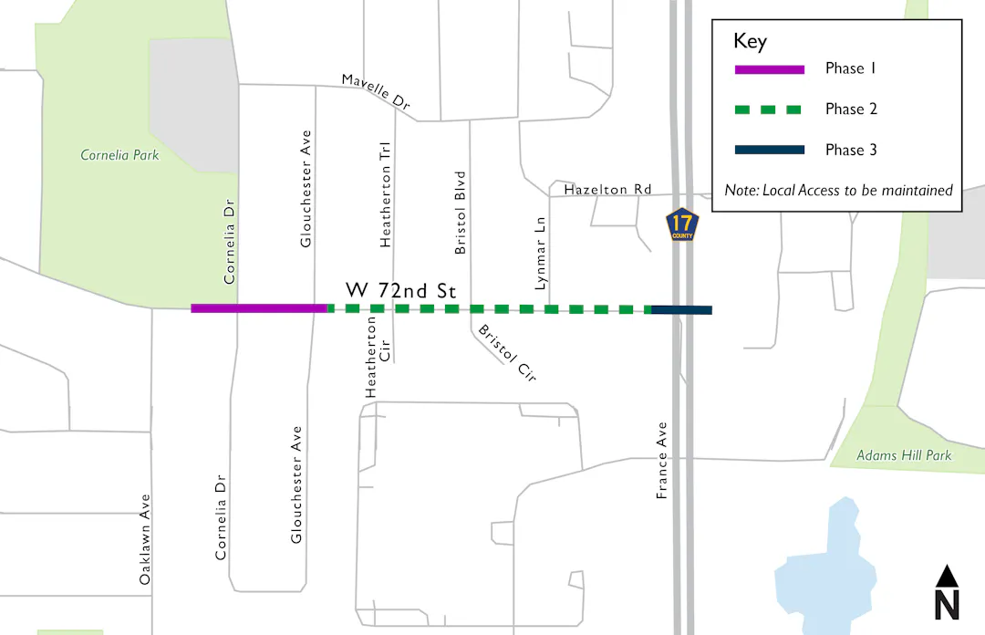 Phase 1 is Oaklawn Ave to Glouchester Ave. Phase 2 is Clouchester Ave toFrance Ave. Phase 3 is at France Ave