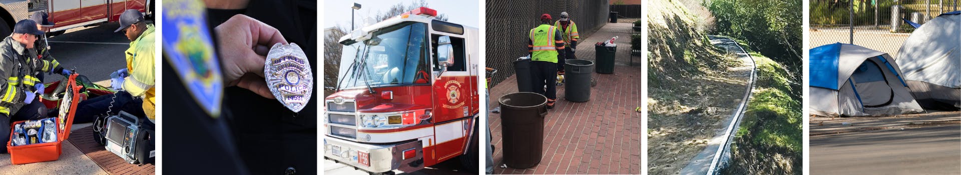 paramedics looking at supplies, police officer badge pinning, fire truck, workers picking up trash, landslide, and tents