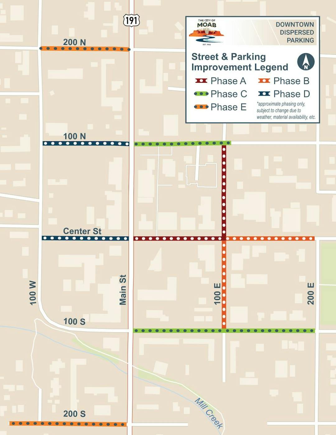 A map showing the parking design for multiple streets in Downtown Moab