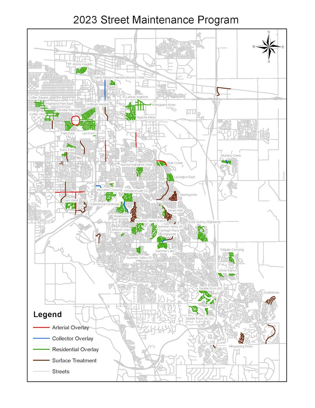 Image of Aurora map showing neighborhoods targeted for street maintenance in 2023