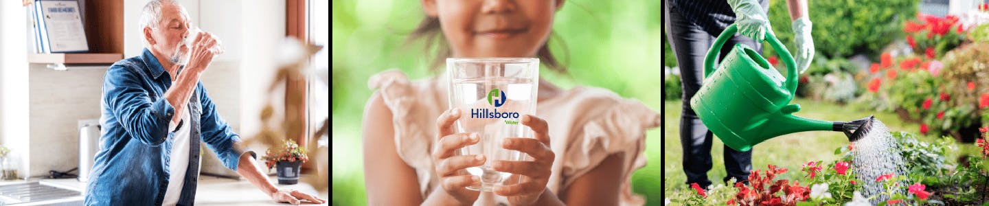 Man drinks a glass of water, child holds a glass of water, person waters flowers