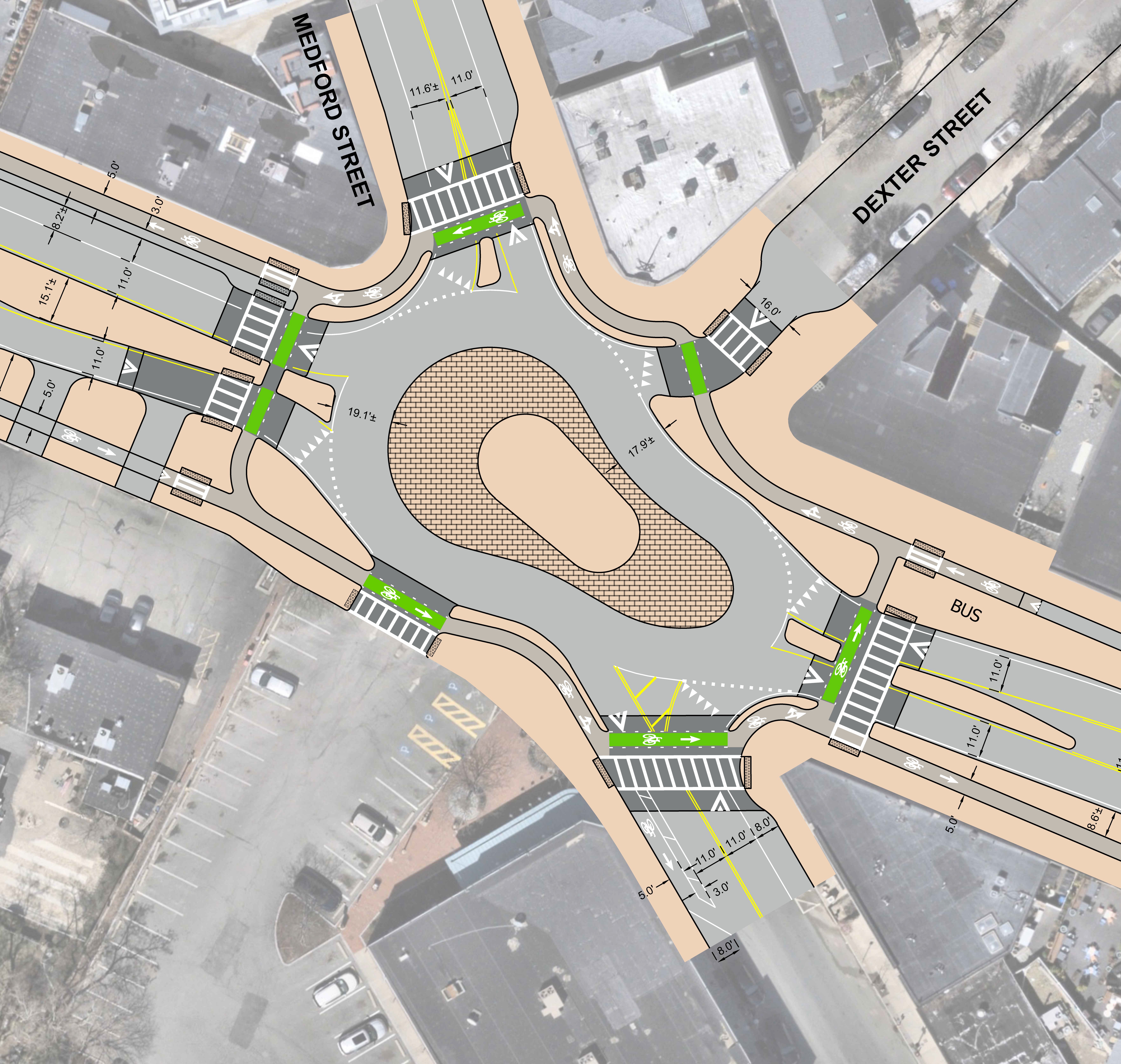  The Roundabout removes traffic signals and turns the intersection into a roundabout shape with shorter crossing distances, raised crosswalks, a protected bicycle lane, and one motor vehicle lane. This option has the least delay for all users. 