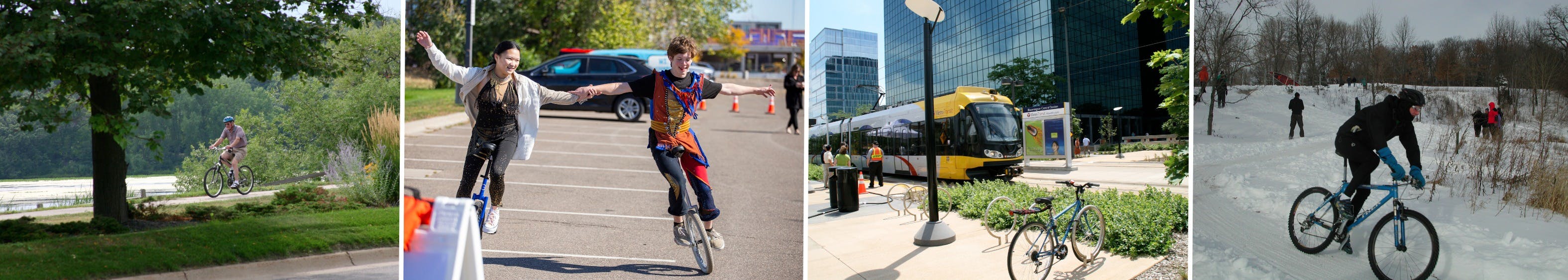 4 pictures of people in different settings on bicycles and unicycles