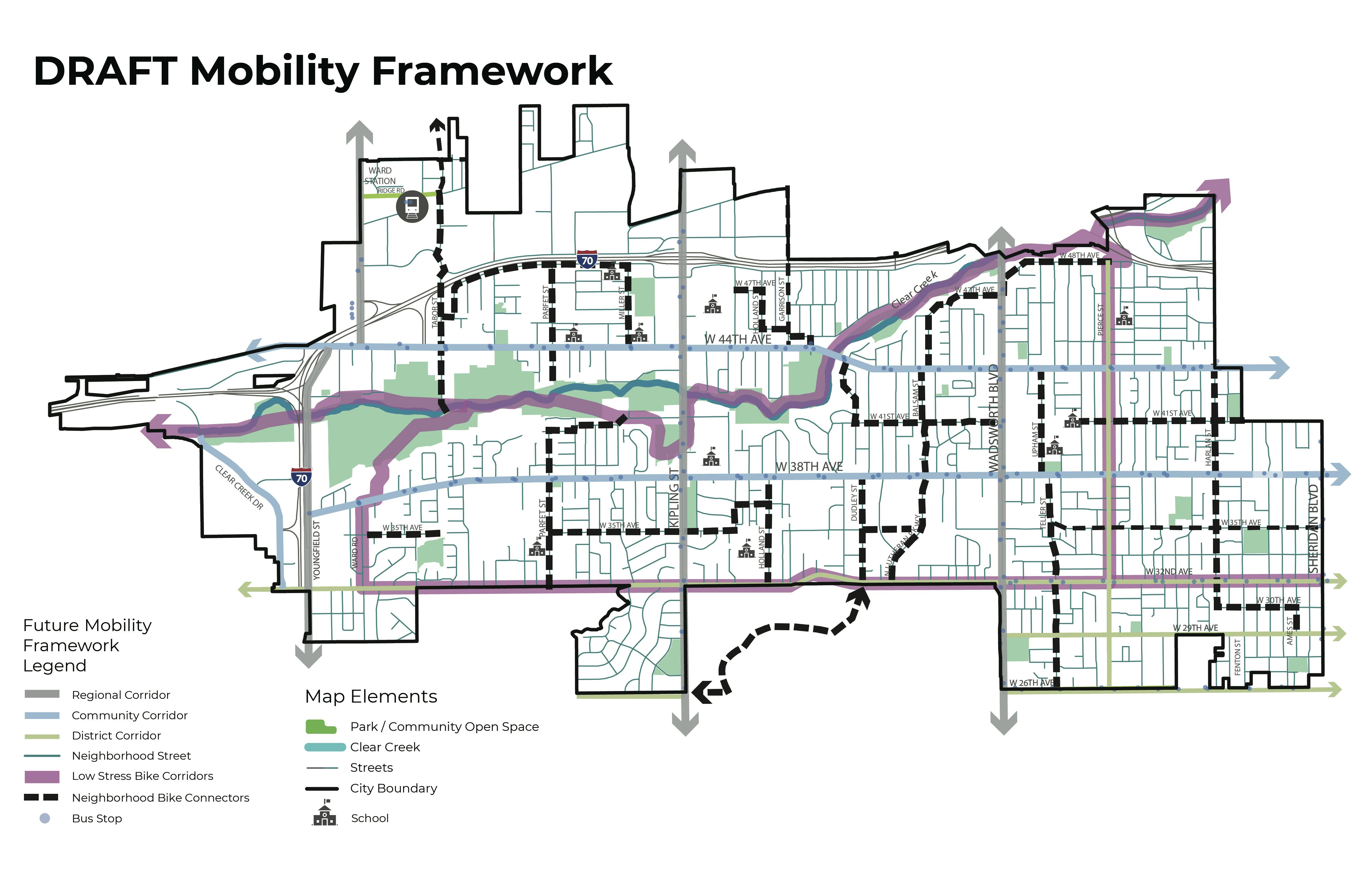 A detailed map of Wheat Ridge illustrating the draft mobility framework, highlighting different corridor types and multimodal connections. 