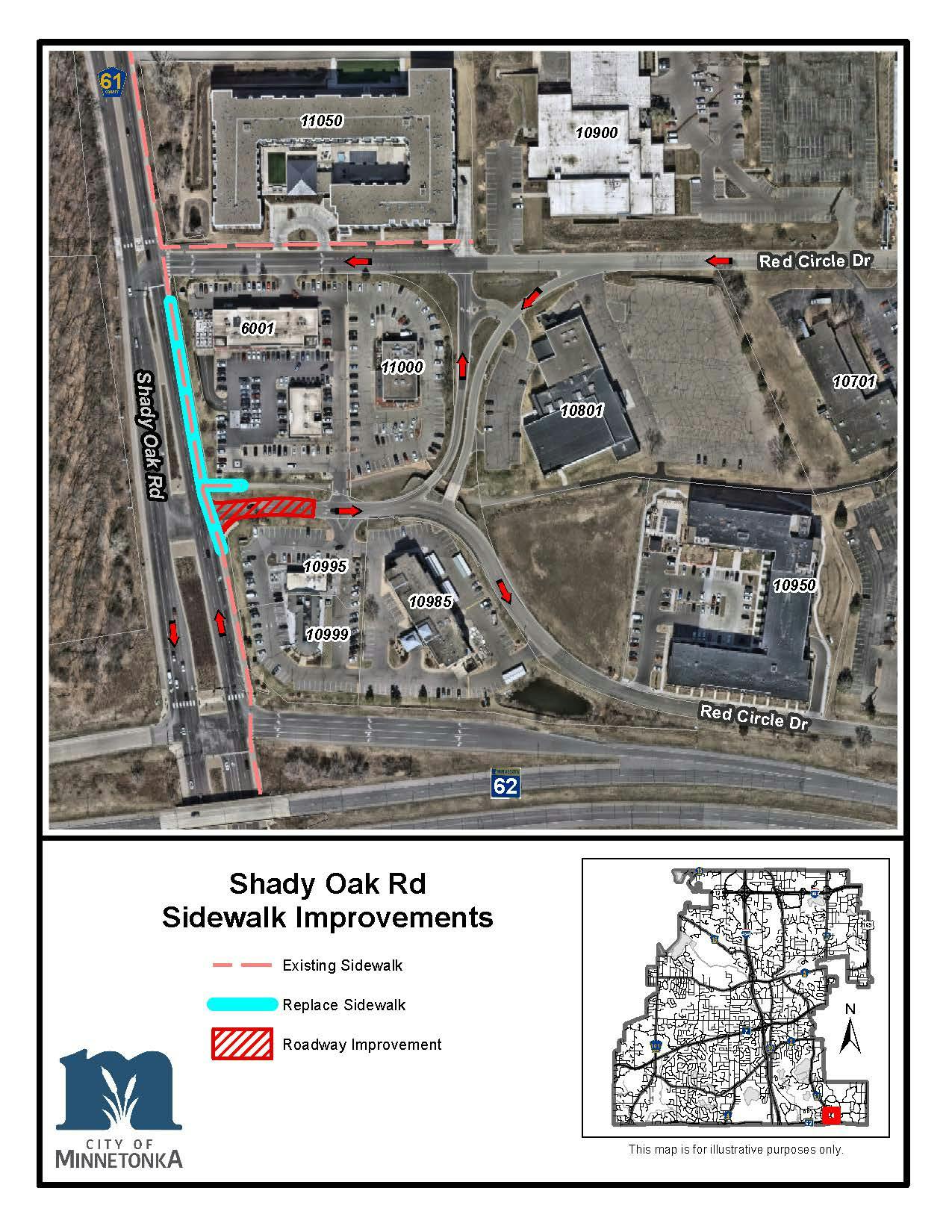 A map of the Shady Oak Road Sidewalk improvement area.