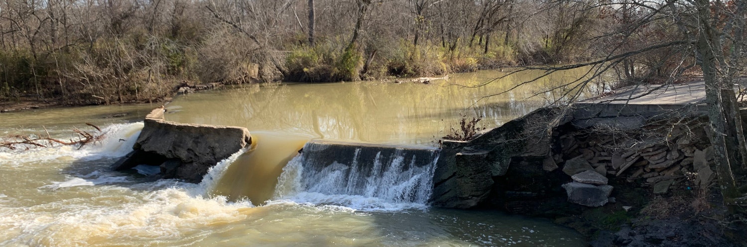 Crumbling Pump Station Dam at at Combs Park on the West Fork of the White River