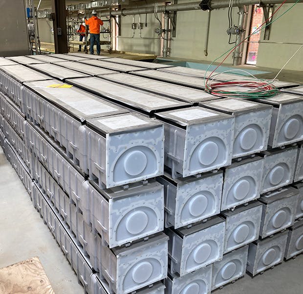 Cases hold the underdrain that will be installed in Filters 5 and 6.