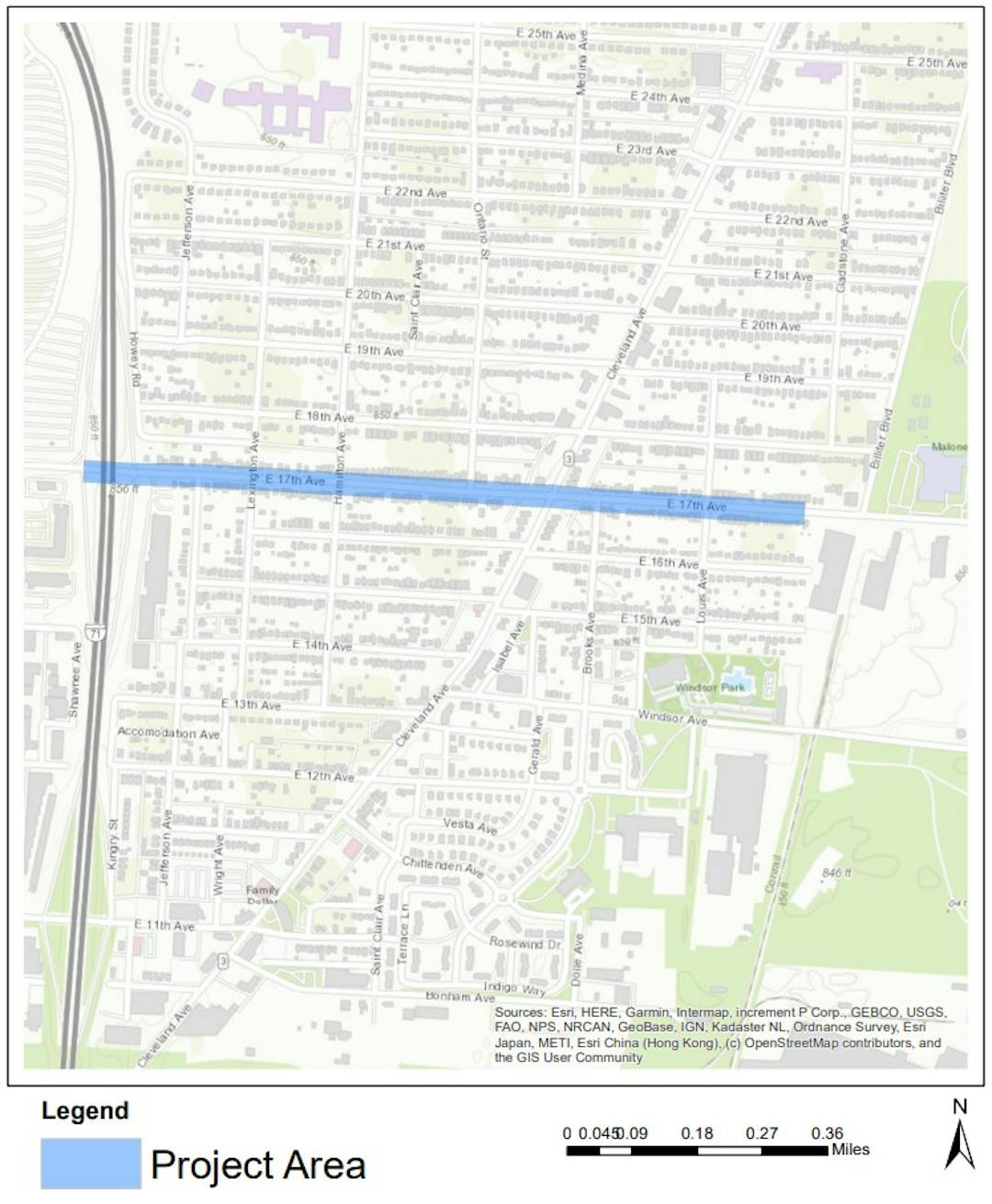 Map showing a project area highlighted in blue spanning multiple city blocks.