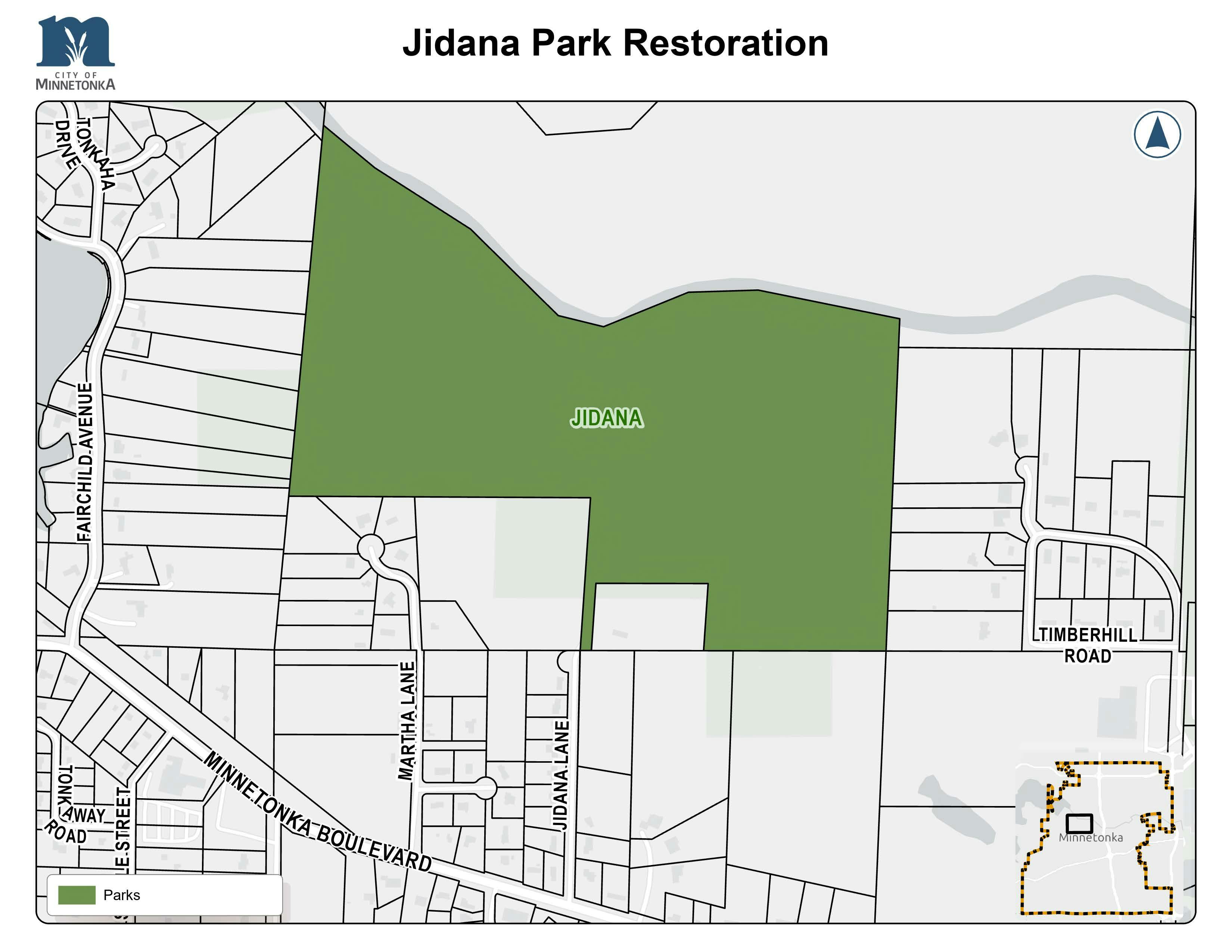 A map titled “Jidana Park Restoration” showing Jidana Park highlighted in green, bordered by neighborhood streets including Fairchild Avenue, Martha Lane, Jidana Lane, and Minnetonka Boulevard. An inset map marks the park’s location within Minnetonka.