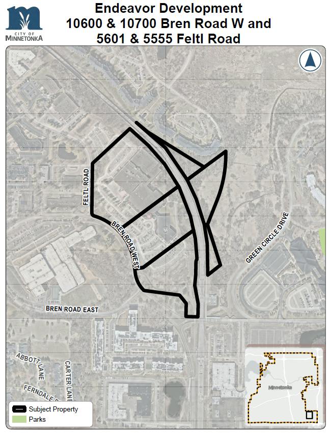 Map showing Endeavor Development near Bren Road and Feltl Road, with surrounding streets labeled and nearby parks highlighted.