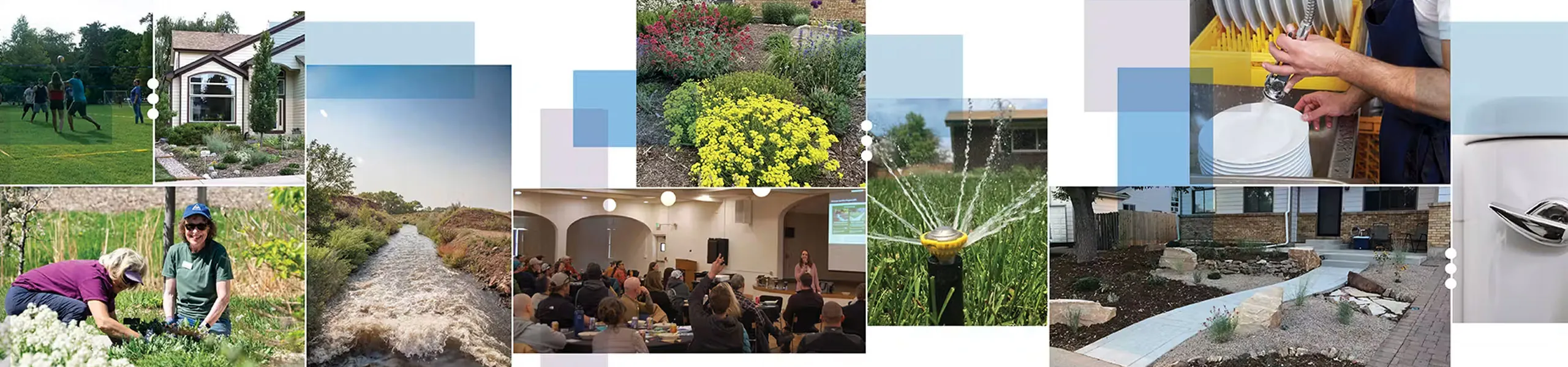 A collage of photos with xeriscape gardens, public meetings, and irrigation 