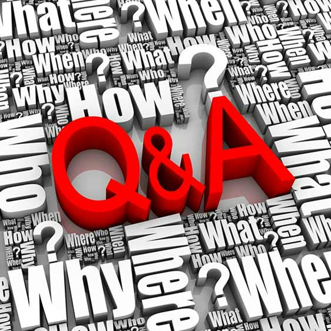 "Q and A" in red surrounded by questions