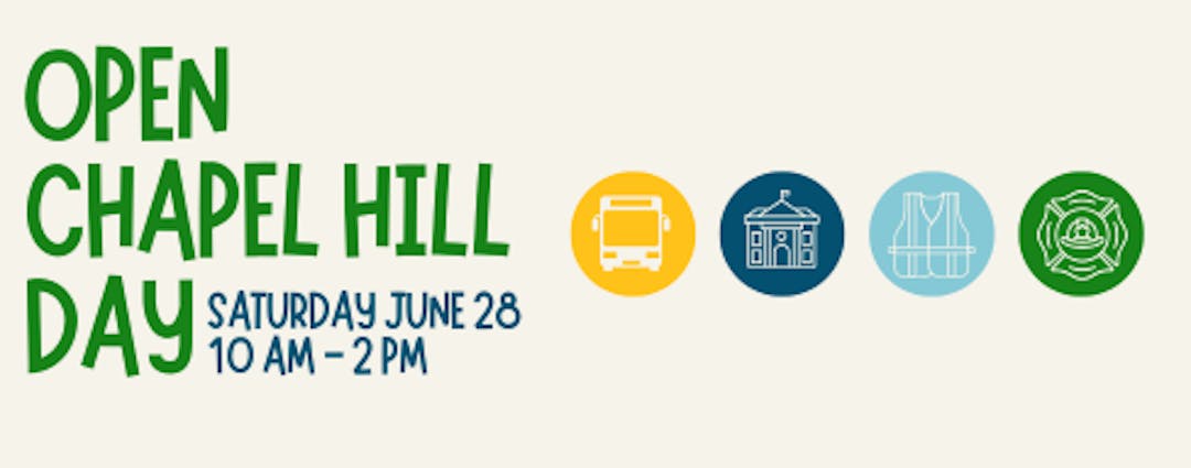 Open Chapel Hill Day ad with icons for a building, safety vest, a bus, and a shield. Says save the date June 28, 10-2