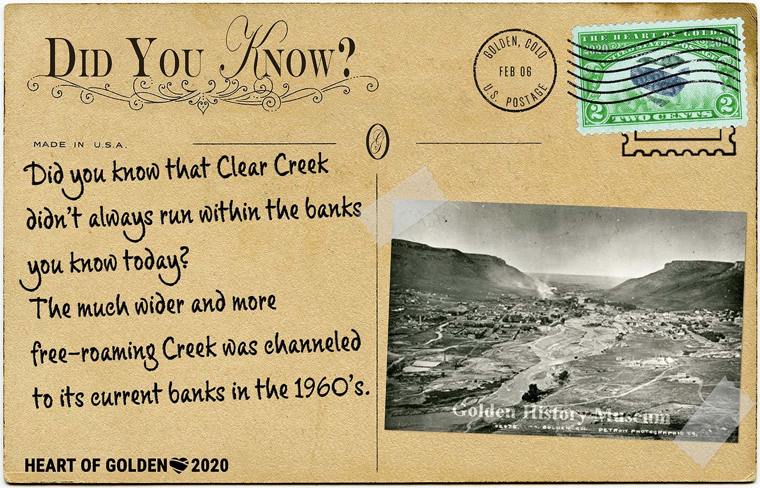 Clear Creek, once wider and free-roaming, was channeled to its current banks in the 1960's.