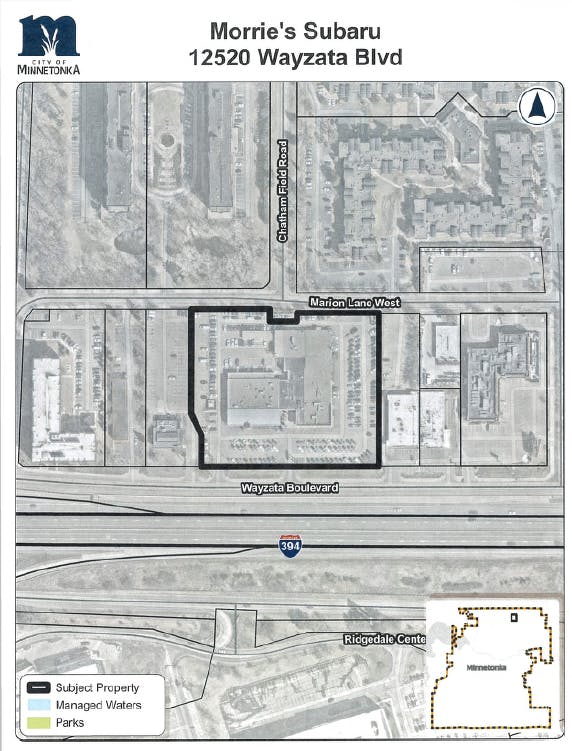 Map showing the outlined property of Morrie’s Subaru at 12520 Wayzata Blvd in Minnetonka, bordered by Marion Lane West, Chatham Road, and Wayzata Boulevard near I‑394