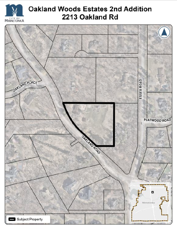 Map showing the subject property outlined in black along Oakland Road in Minnetonka, near Essex Road and Platwood Road