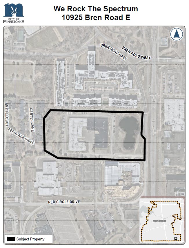 Aerial map of Minnetonka showing the outlined subject property on Bren Road East with nearby streets and a small pond.