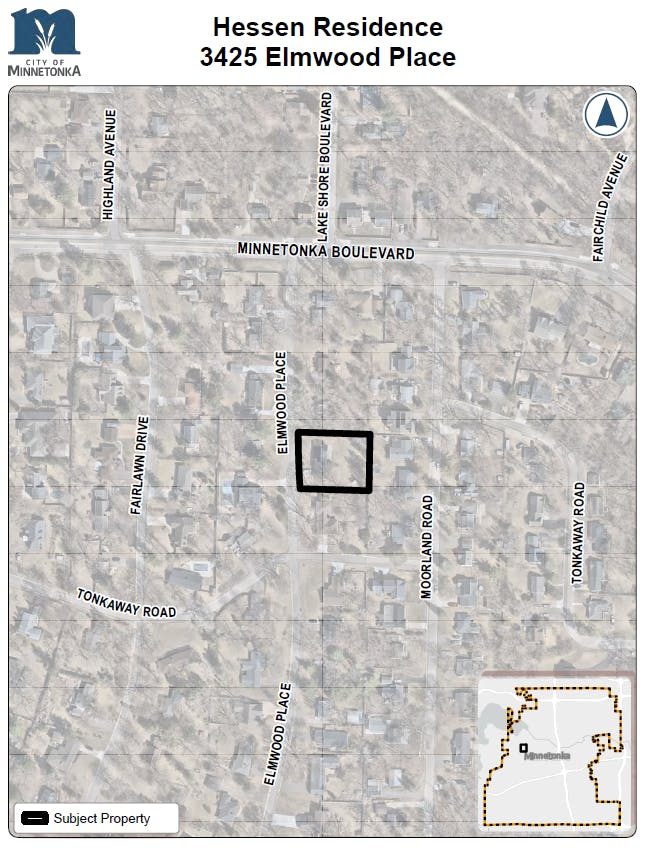 A map showing the Hessen Residence at 3425 Elmwood Place, marked by a black outline near Elmwood Place, Minnetonka Boulevard, Fairlawn Drive, and Moorland Road in Minnetonka.