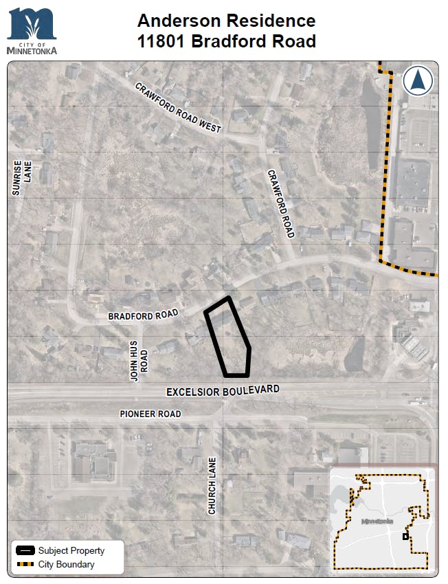 Map of Anderson Residence at 11801 Bradford Road showing the outlined property near Bradford Road and Excelsior Boulevard within Minnetonka city limits