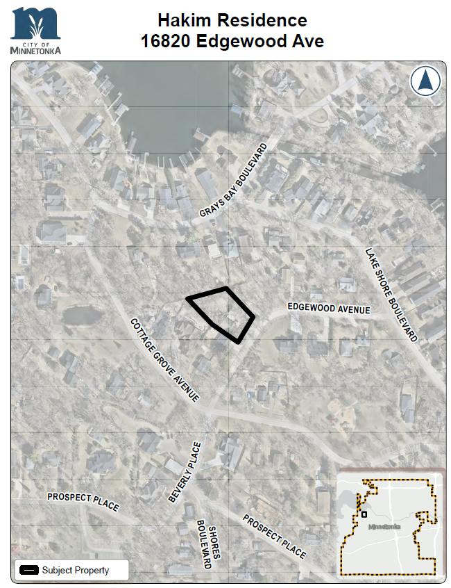 A map showing the outlined property at 16820 Edgewood Ave in Minnetonka, located between Cottage Grove Avenue and Edgewood Avenue, with nearby streets and a lake visible.