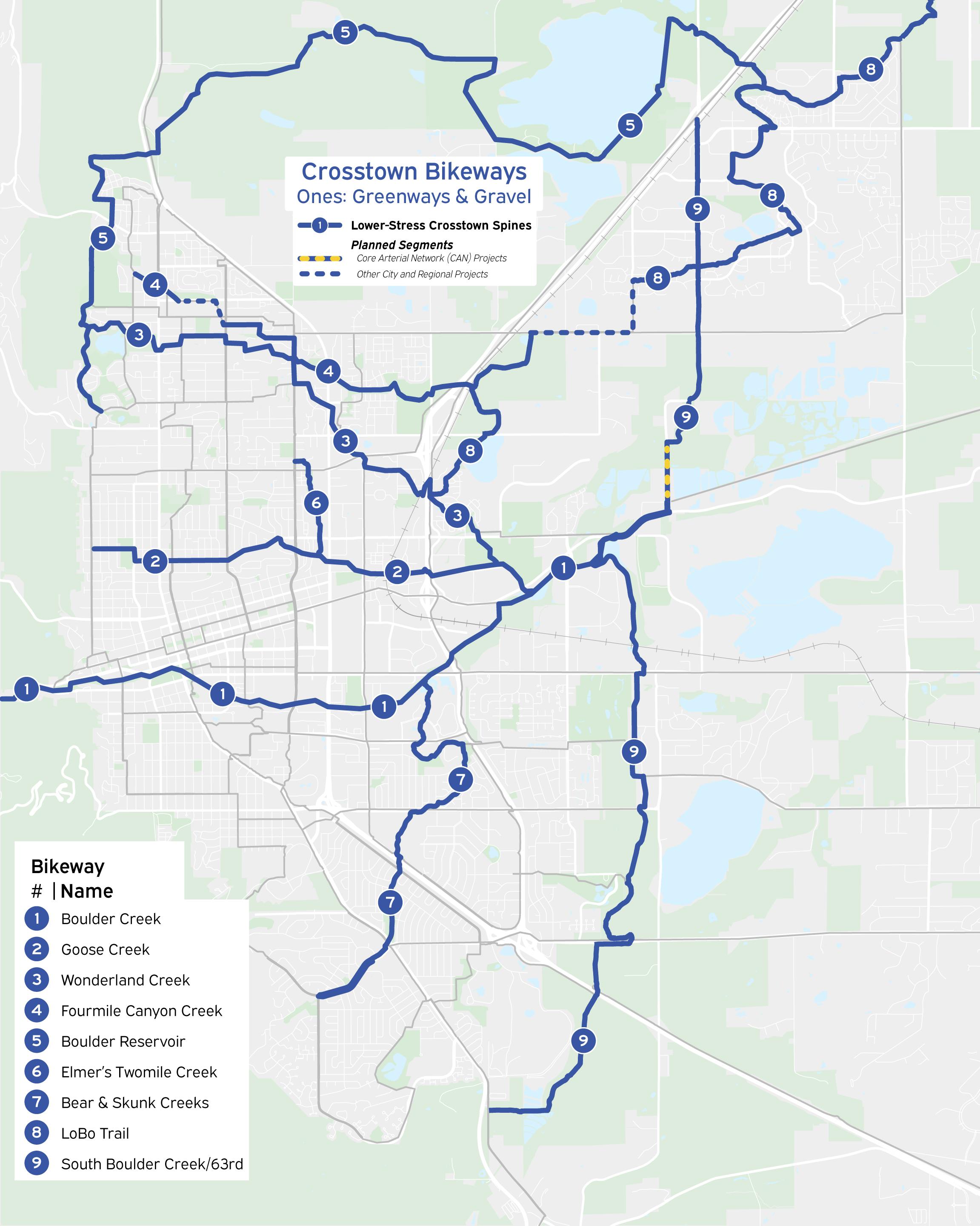 Map of Boulder with off-street multi-use paths and gravel trails designated 1-9