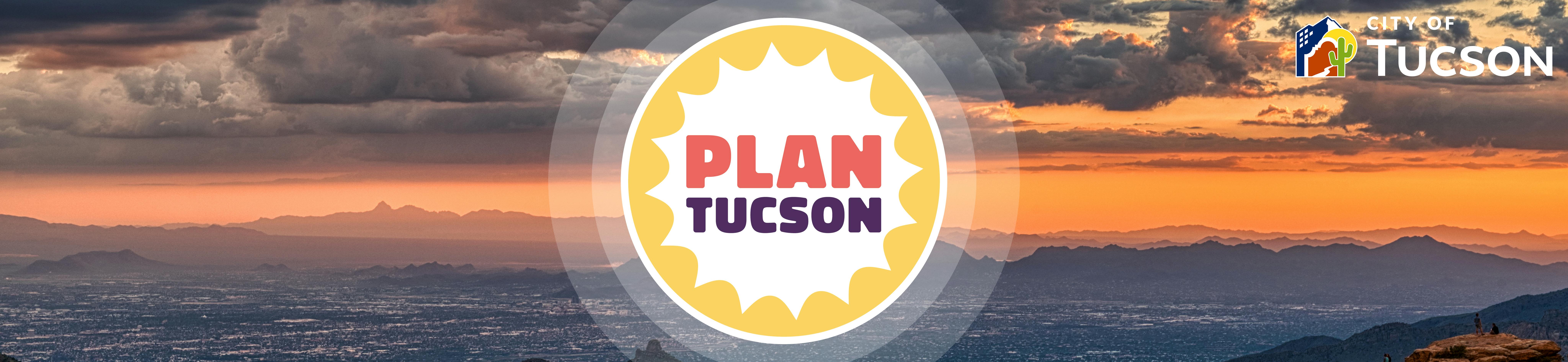 Plan Tucson logo with view of the city with sunset in the background