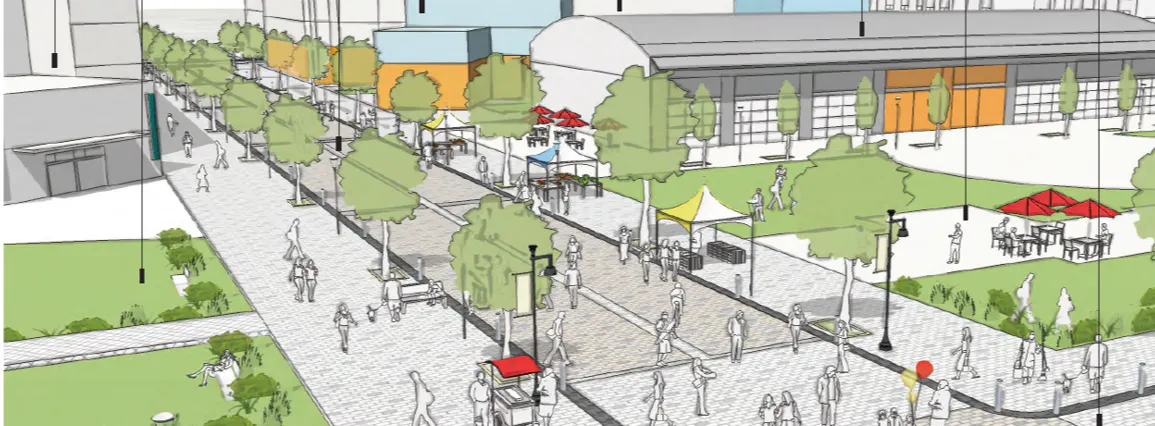Rendering of potential look of a festival street on Logan