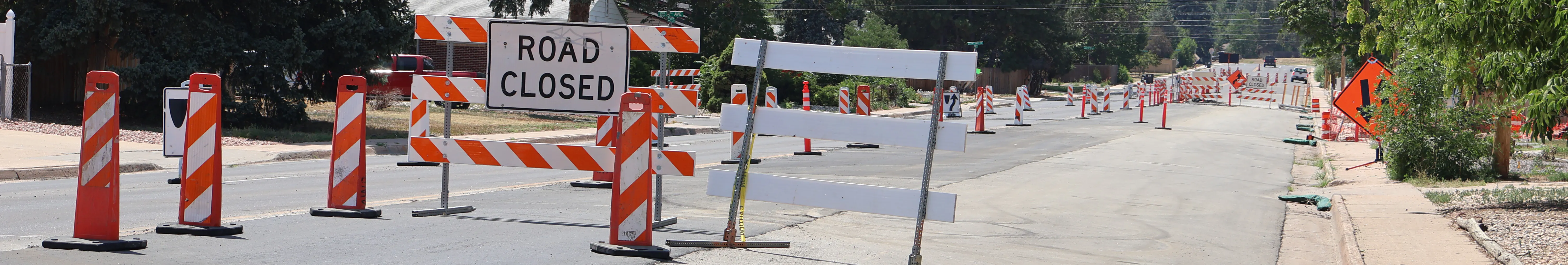 Traffic control barricades guide motorists.