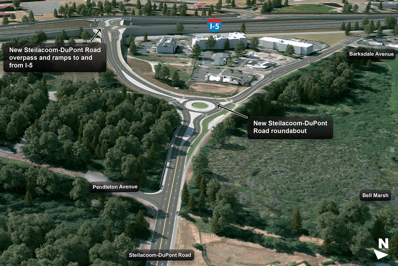 Aerial photo showing locations of new Steilacoom-DuPont Rd overpass and ramps to and from I-5 and new Steilacoom-DuPont Rd roundabout