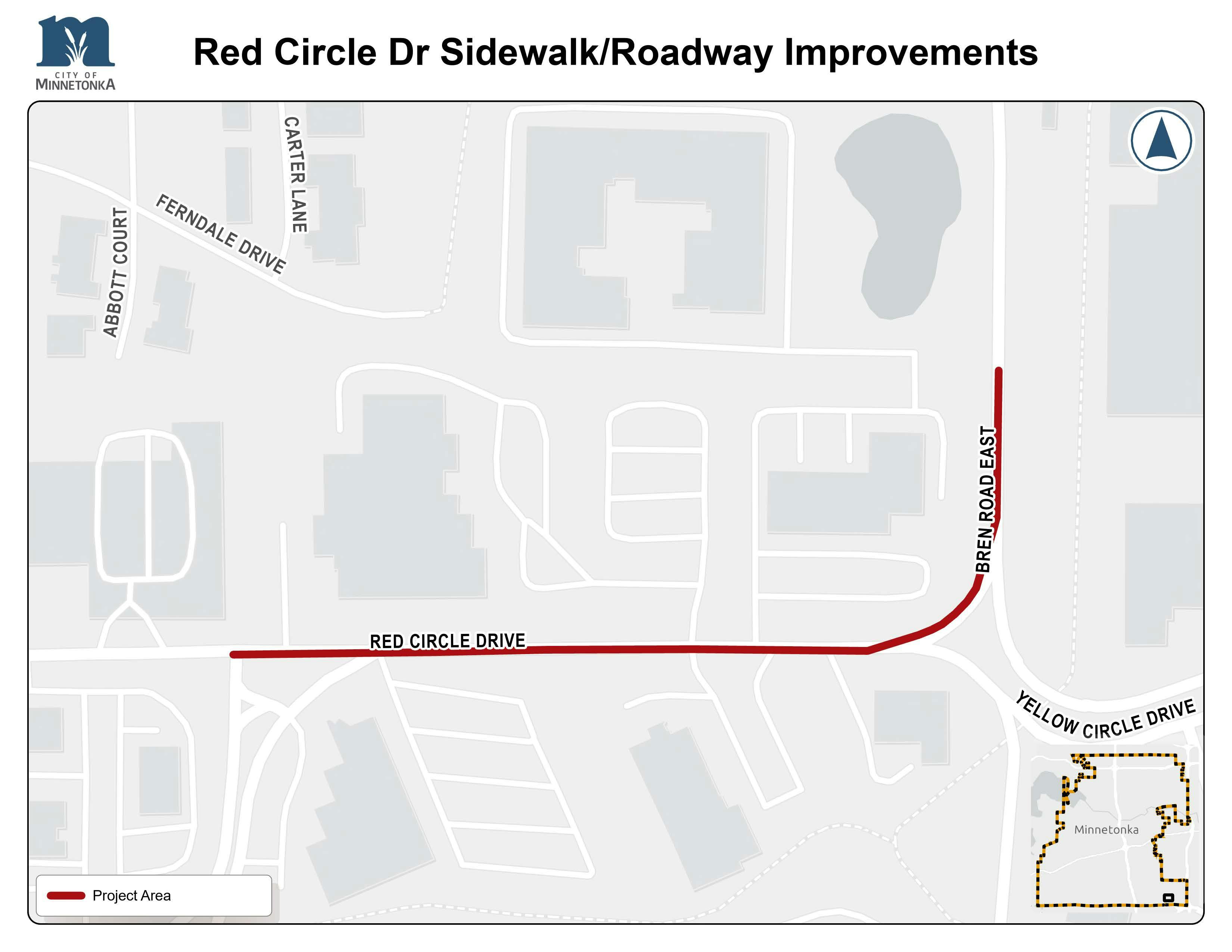 Map showing the Red Circle Drive and Bren Road East sidewalk and roadway improvement project in Minnetonka, with the project area highlighted in red along both streets