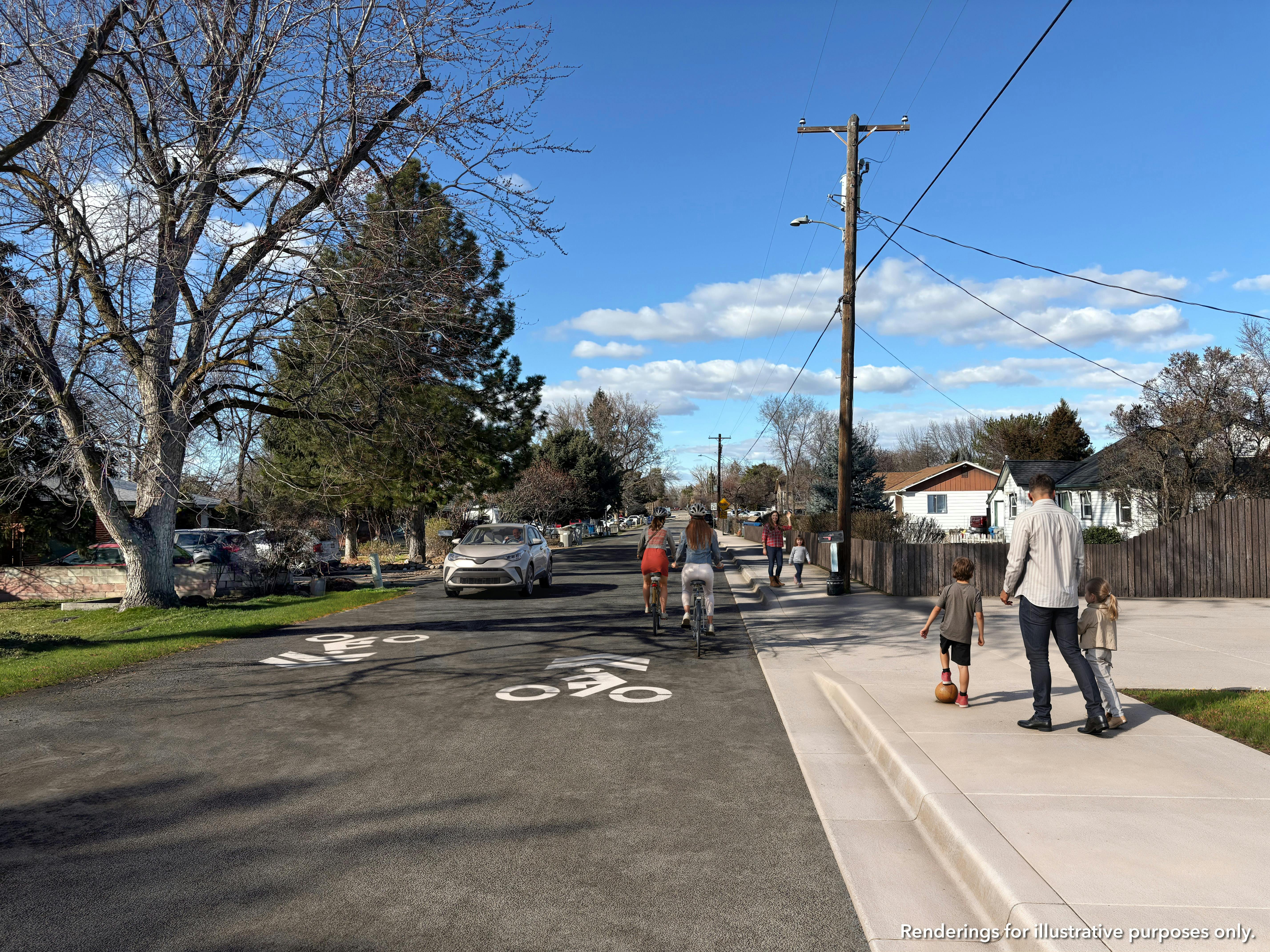 Pond Street rendering with sharrows, sidewalk and neighbors enjoying the new facilities.